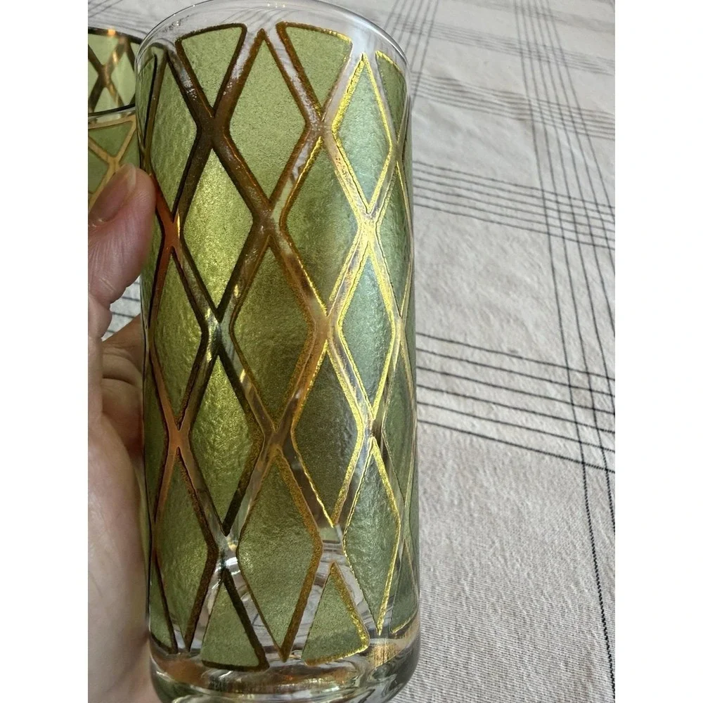 VTG MCM Set Of 6 Culver Valencia Bar Highball/Lowball Tumblers Green & 22k Gold